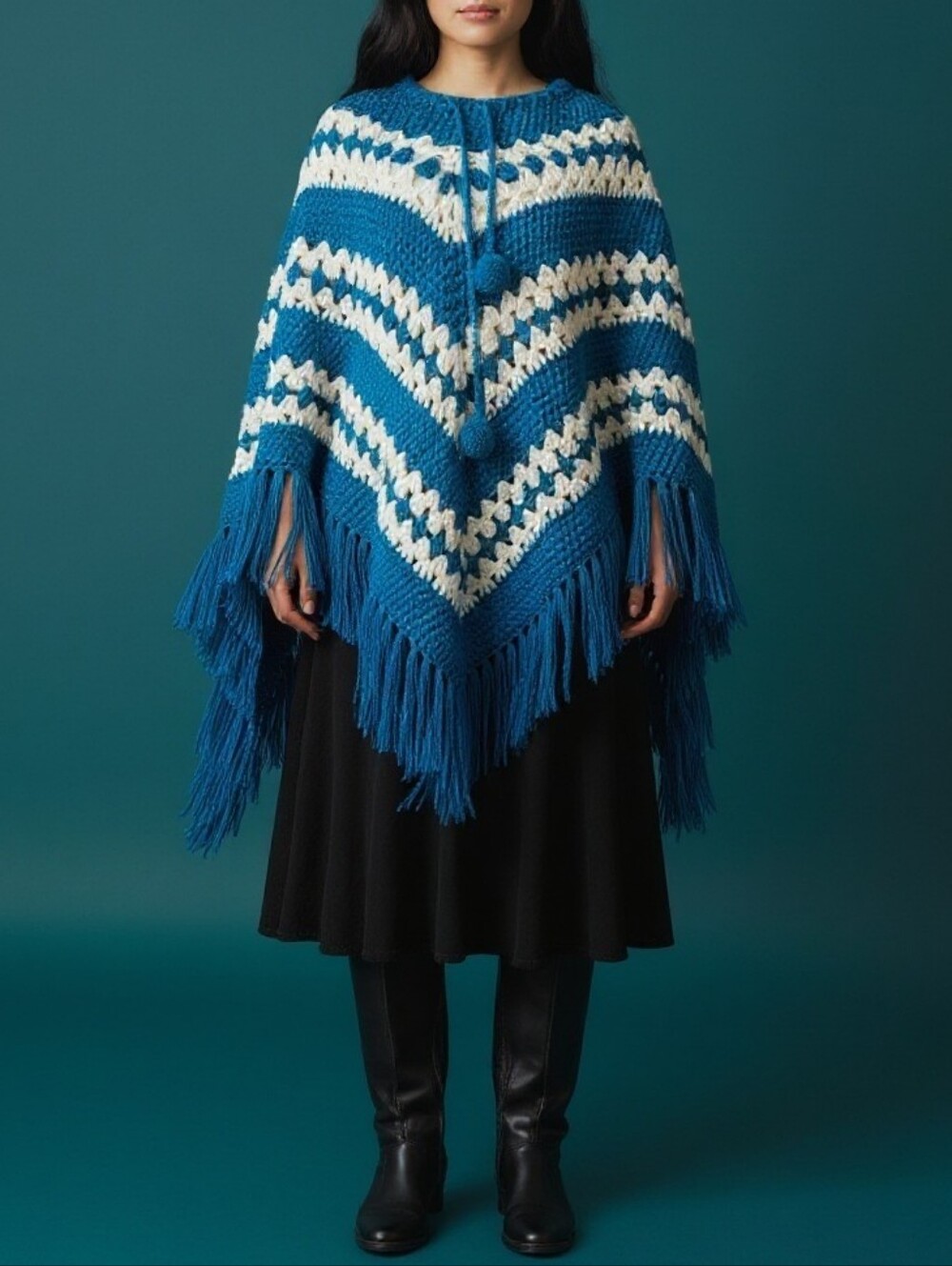 Blue & Cream Knit Fringe Poncho - Women Jackets & Coats